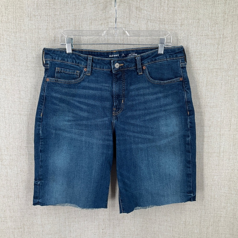 Old Navy Denim Shorts Womens 14 Petite Blue O.G. Loose High Rise Raw Hem Cut Off